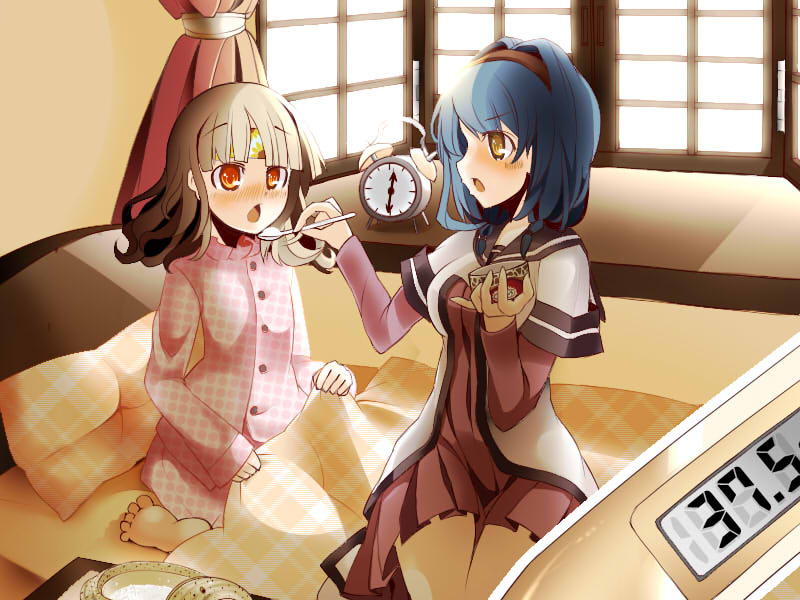 alarm_clock, bed, blonde_hair, blue_hair, blush, clock, furutani_himawari, long_hair
