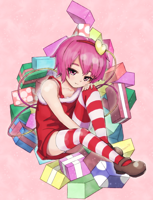 bare_shoulders, christmas, collarbone, gift, hairband, heart, komeiji_satori, light_smile