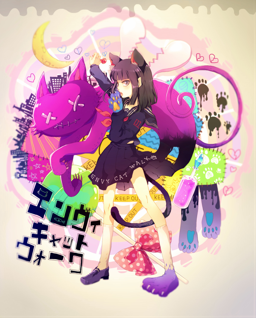 black_hair, candy, cat_ears, cat_tail, caution_tape, envy_cat_walk_(vocaloid), footwear, gloves