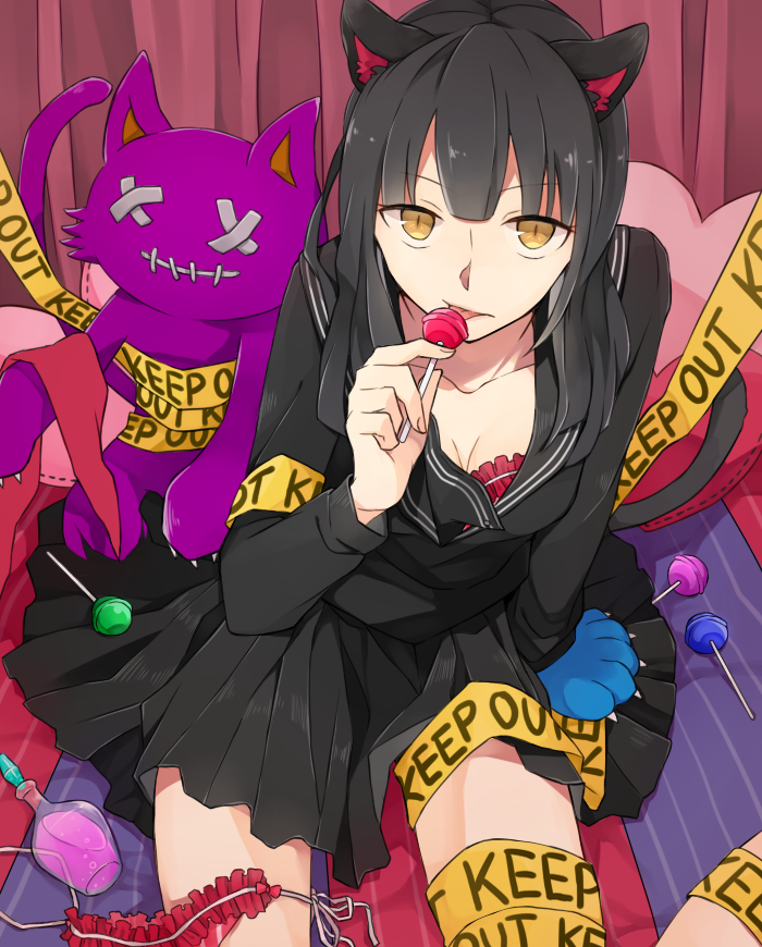 black_hair, bra, candy, cat_ears, cat_tail, caution_tape, citron_82, envy_cat_walk_(vocaloid), from_above, gloves, lingerie, lollipop, long_hair, paw_gloves, school_uniform, serafuku, sitting, skirt, stuffed_animal, stuffed_toy, tail, underwear, vocaloid, yellow_eyes