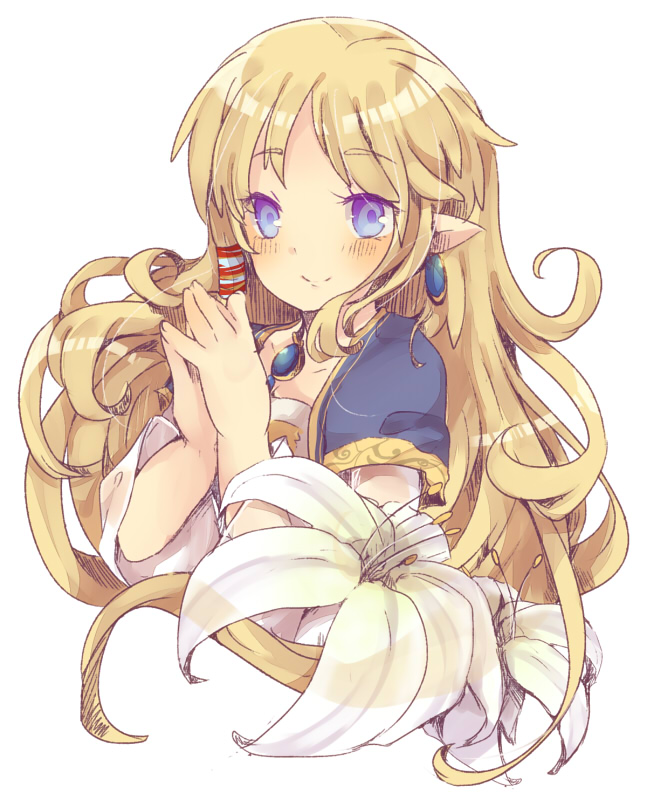 blue_eyes, blush, earrings, elf, flower, jewelry, lily_(flower), long_hair