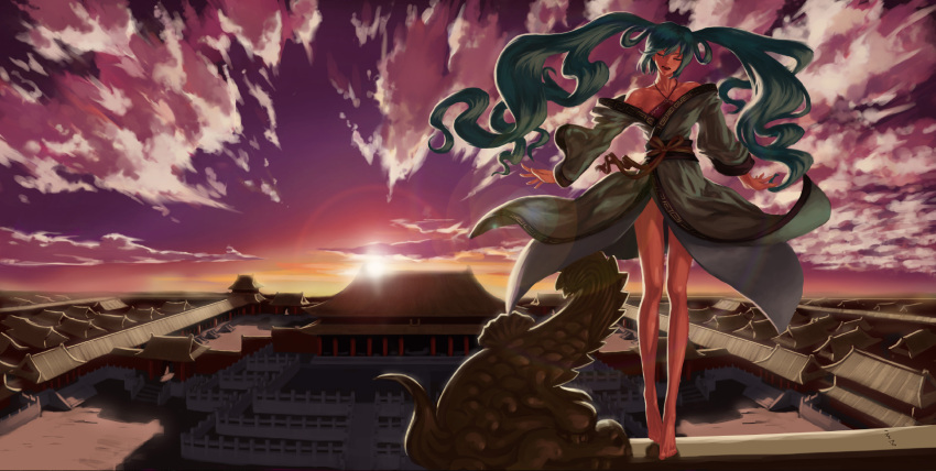 barefoot, chinese_clothes, closed_eyes, eyes_closed, feitie, forbidden_city, green_hair, hatsune_miku, highres, japanese_clothes, kimono, landmark, legs, lens_flare, long_hair, open_mouth, sky, solo, sunset, twintails, very_long_hair, vocaloid