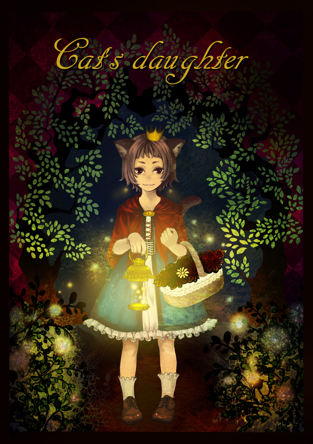 animal_ears, bad_id, basket, brown_eyes, brown_hair, cat_ears, cat_tail, child