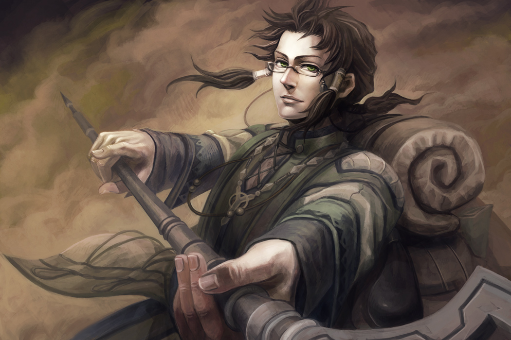 backpack, bag, brown_hair, character_request, coat, eugene_(infinite_undiscovery), glasses, hair_tubes, infinite_undiscovery, male, solo, ujuju, weapon