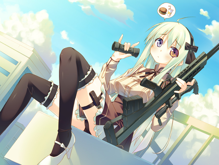 anti-materiel_rifle, black_legwear, black_panties, blonde_hair, blue_eyes, blue_sky, blush, bow