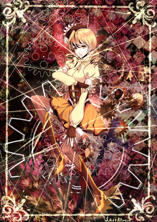 blonde_hair, boots, corset, detached_sleeves, drill_hair, fingerless_gloves, gears, gloves