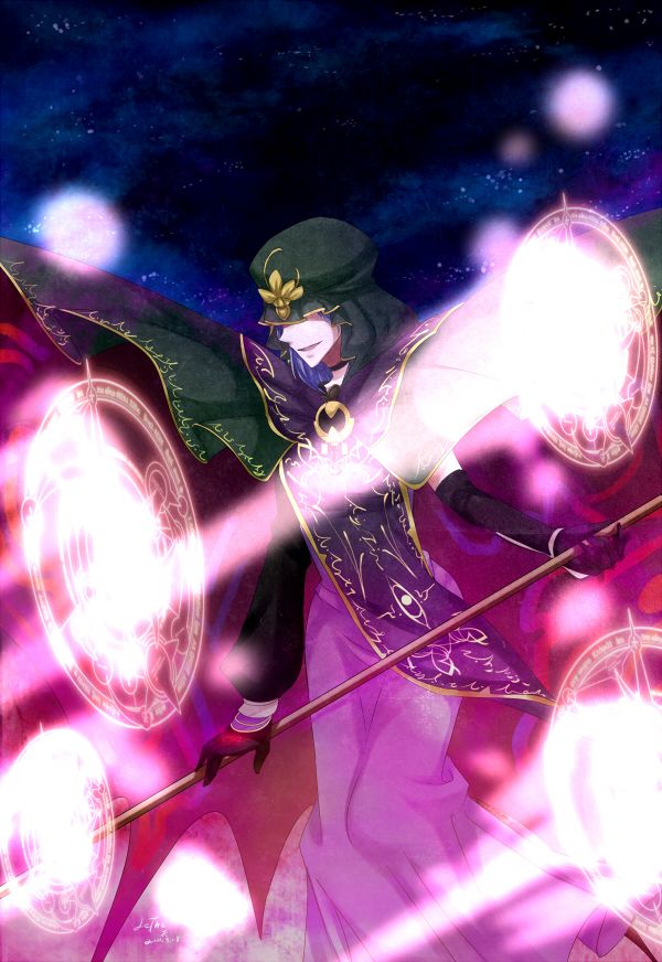 bad_id, blue_hair, cape, caster, fate/stay_night, fate_(series), hat, hat_over_eyes