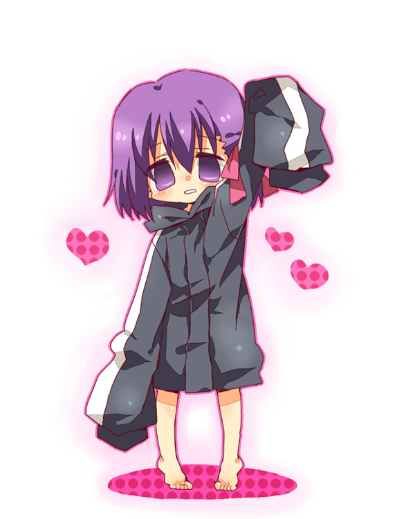 barefoot, child, cosplay, fate/stay_night, fate/zero, fate_(series), hair_ribbon, hoodie, matou_kariya, matou_kariya_(cosplay), matou_sakura, oversized_clothes, purple_eyes, purple_hair, ribbon, sleeves_past_wrists, solo, sonomama, violet_eyes, waving, young