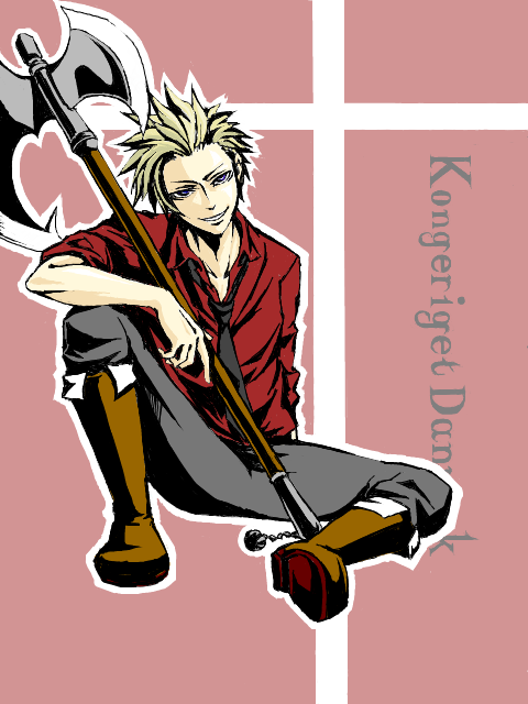 arm_support, axe, axis_powers_hetalia, blonde_hair, blue_eyes, boots, danish, danish_flag