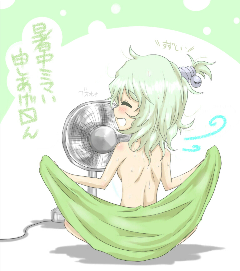 back, bare_back, closed_eyes, electric_fan, eyes_closed, fanning_face, from_behind, green_hair