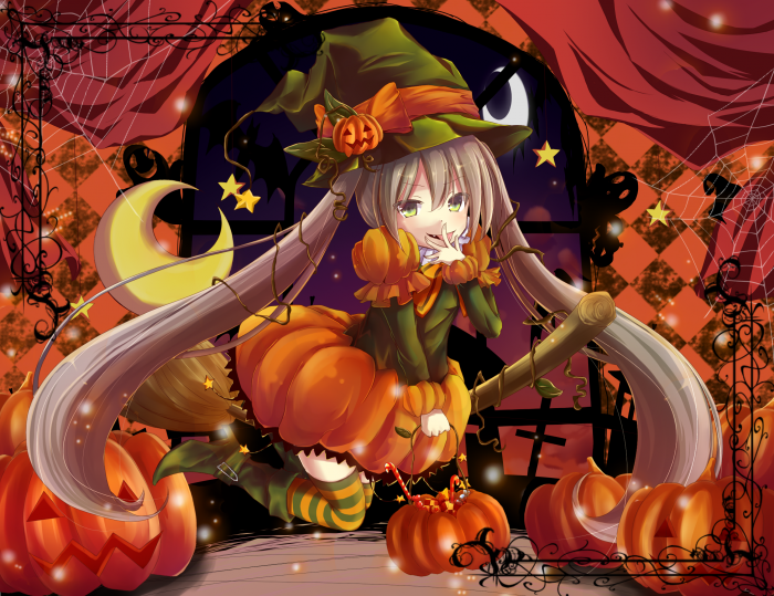 boots, bubble_skirt, crescent, dress, fuuri_(von@), halloween, hat, hatsune_miku