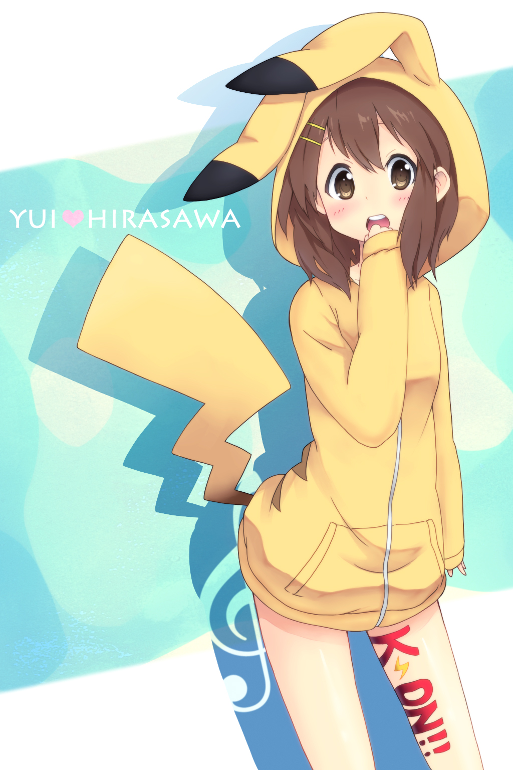 brown_eyes, brown_hair, cosplay, highres, hirasawa_yui, hiroki_eiki, hoodie, k-on!, pikachu, pikachu_(cosplay), pokemon, short_hair, solo