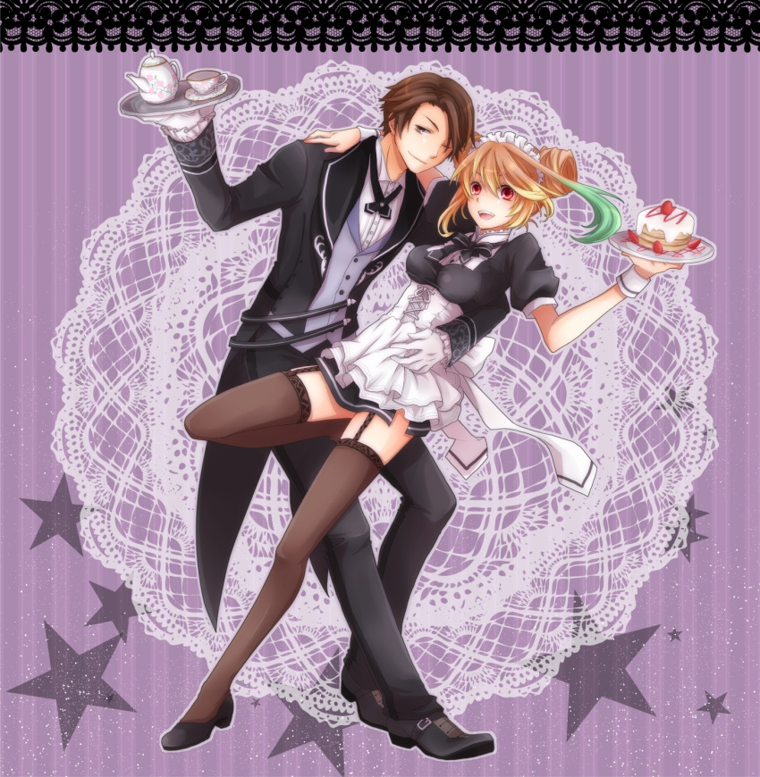1girl, ahoge, alternate_costume, alternate_hairstyle, alvin_(tales_of_xillia), blonde_hair, brown_eyes, brown_hair, brown_legwear, butler, cake, corset, couple, cup, dress, food, fruit, gloves, green_hair, hair_bun, highres, kawamura_raichi, kettle, maid, milla_maxwell, multicolored_hair, pants, red_eyes, shoes, short_hair, smile, star, strawberry, tales_of_(series), tales_of_xillia, teacup, thigh-highs, thighhighs, tray, two-tone_hair, white_gloves, wrist_cuffs