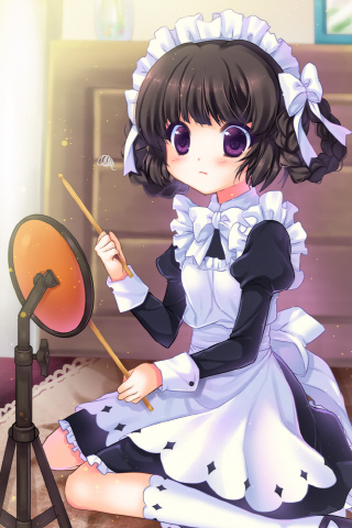 bangs, black_hair, blunt_bangs, blush, bow, braid, drumsticks, footwear