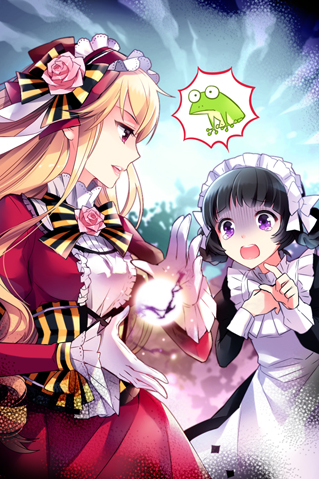 apron, bangs, black_hair, blonde_hair, blunt_bangs, bow, cinia_pacifica, corset
