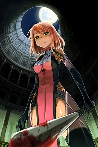 blood, breasts, dress, elbow_gloves, from_below, gloves, green_eyes, looking_down