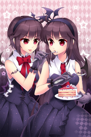 2girls, bangs, bat_wings, blunt_bangs, bow, bustier, cake, dress