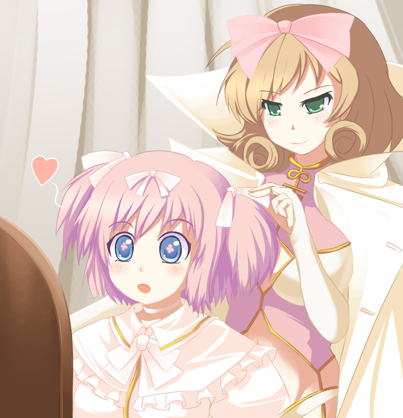 2girls, :o, adjusting_hair, blonde_hair, blue_eyes, bow, breasts, bridal_gauntlets, cape, dress, frills, green_eyes, hair_bow, hair_ribbon, haruka_(senran_kagura), heart, hibari_(senran_kagura), large_breasts, multiple_girls, pink_hair, ribbon, senran_kagura, short_twintails, smile, symbol-shaped_pupils, tom_(tominaga8901), twintails