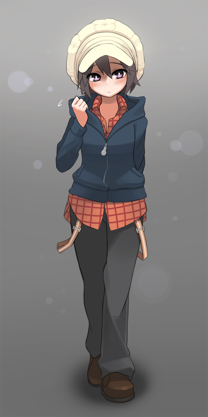 black_hair, hat, highres, hoodie, idolmaster, kikuchi_makoto, mugcan, pants