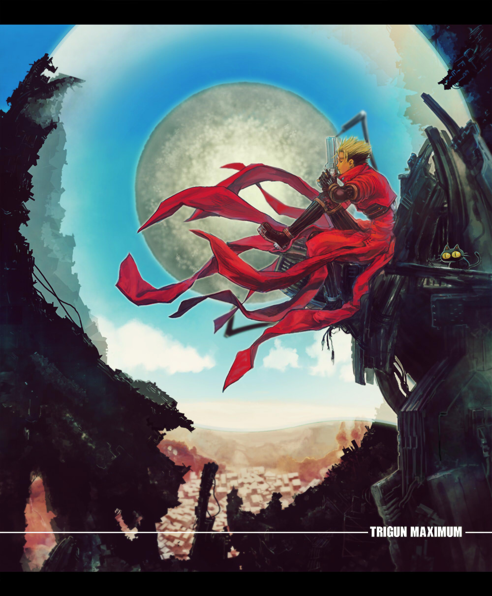 720_(pixiv75383), 830_(hamio), black_cat, blonde_hair, boots, cat, closed_eyes, earrings, eyes_closed, gloves, gun, handgun, highres, jewelry, kuroneko_(trigun), long_coat, male, moon, prosthetic_arm, red_jacket, ruins, sitting, sitting_on_object, solo, trigun, two-tone_hair, vash_the_stampede, weapon