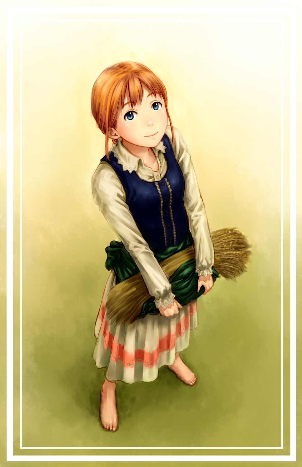 barefoot, blue_eyes, dirty_feet, dress, farmer, feet, field, grass