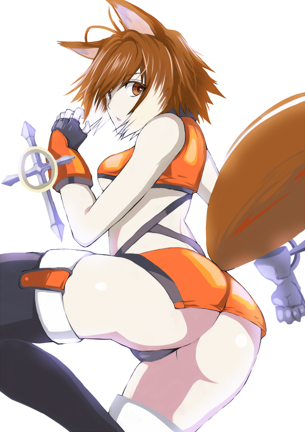 antenna_hair, ass, black_legwear, blazblue, brown_eyes, brown_hair, fingerless_gloves, from_behind