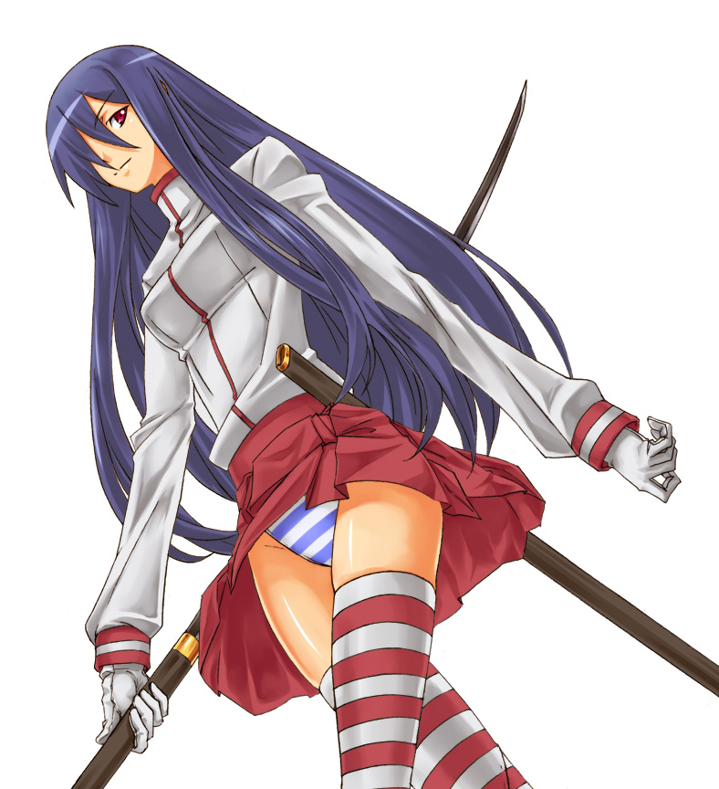 breasts, dutch_angle, gloves, hair_over_one_eye, katana, long_hair, majires, original