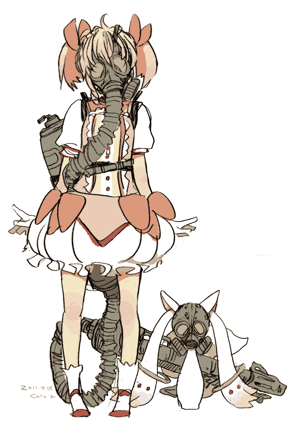 bubble_skirt, chiva, flamethrower, gas_mask, hair_bow, kaname_madoka, kyubey, magical_girl