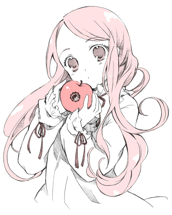 apple, etoryoku, food, fruit, holding, holding_apple, holding_fruit, long_hair