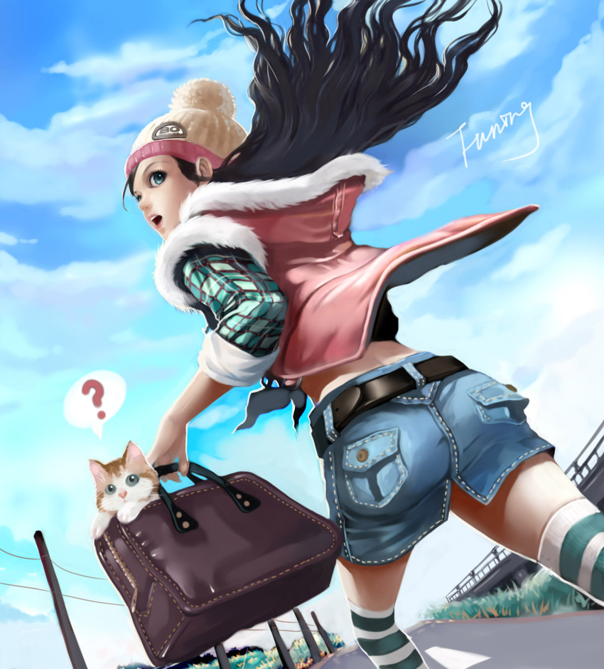 ?, ass, bag, beanie, belt, black_hair, blue_eyes, bobo1983, cat, denim, denim_shorts, denim_skirt, from_behind, fur_trim, hat, highres, hood, miniskirt, open_mouth, original, plaid, power_lines, purse, road, running, shorts, skirt, sleeves_rolled_up, solo, striped, striped_legenda, striped_leggings, striped_legwear, thigh-highs, thighhighs
