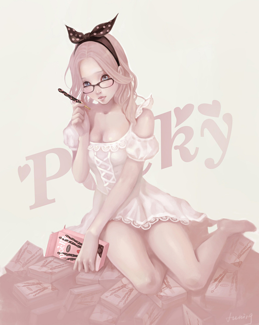 bare_legs, barefoot, blue_eyes, blush, bobo1983, breasts, cleavage, glasses
