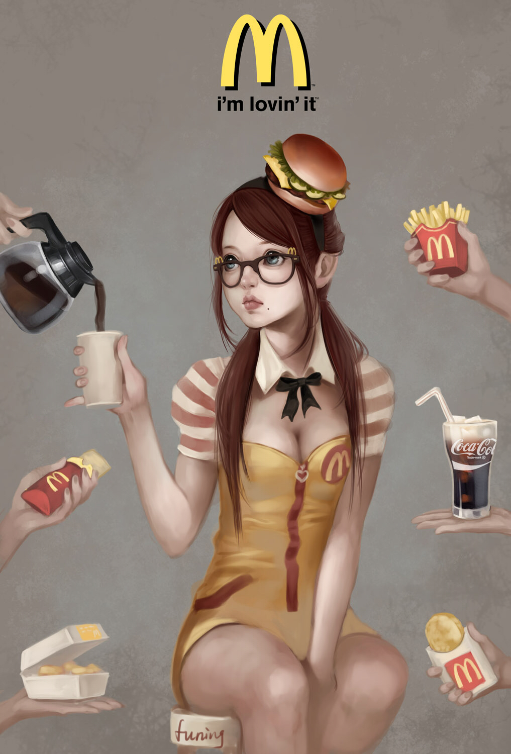 apple_pie, blue_eyes, bobo1983, breasts, brown_hair, cleavage, coca-cola, coffee