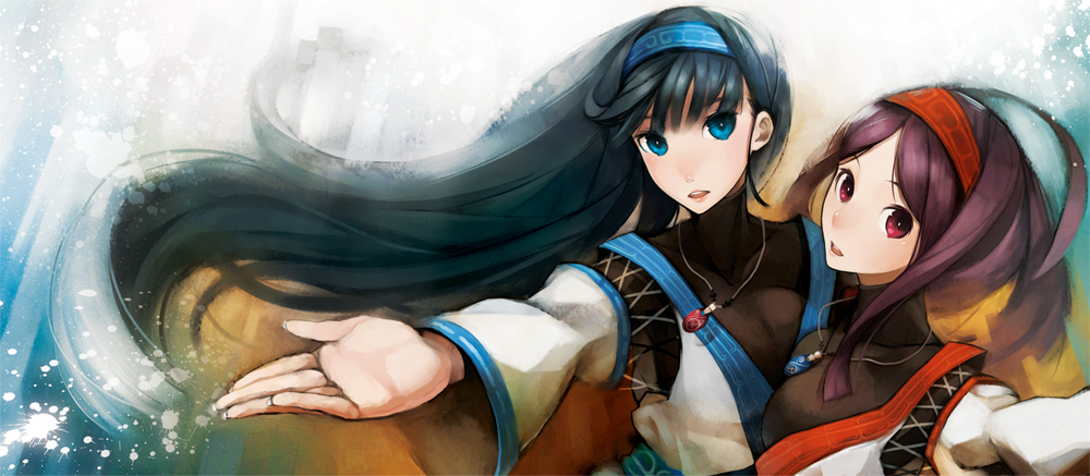 aco, black_hair, blue_eyes, hairband, long_hair, multiple_girls, original, red_eyes