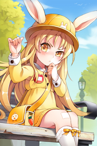 animal_ears, bag, blonde_hair, bobby_socks, bow, bunny_ears, cannelle, child, dress, footwear, frills, hat, kindergarten_hat, kindergarten_uniform, lamppost, long_hair, lowres, purse, ribbon, school_hat, socks, solo, sword_girls, tree, yellow_eyes
