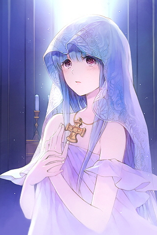 blue_hair, blunt_bangs, blush, candle, cross, dress, flat_chest, hand_on_chest
