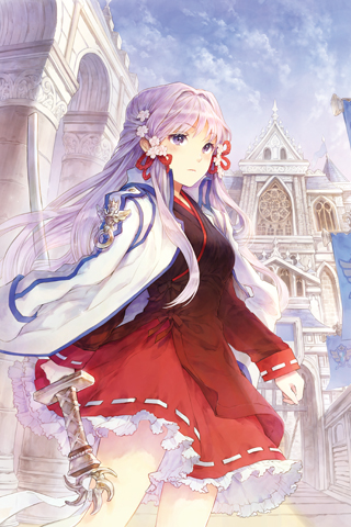 coat, dress, flower, frills, gathers, japanese_clothes, katana, lavender_hair