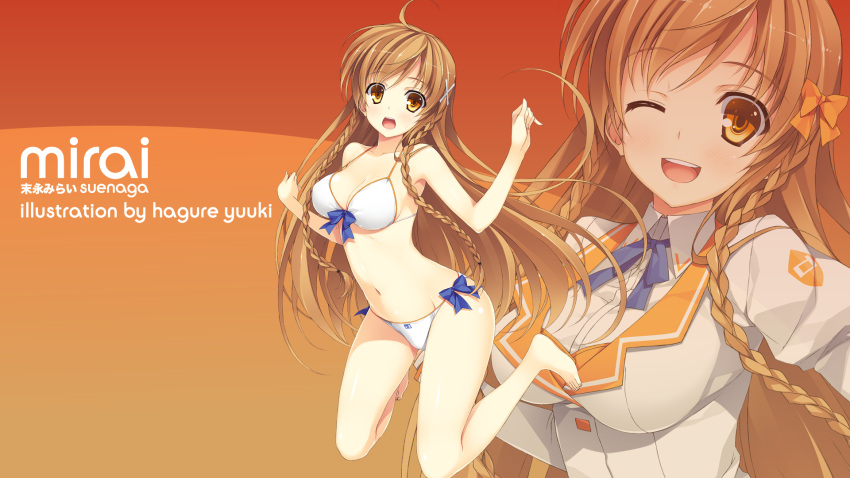 ahoge, bikini, brown_eyes, brown_hair, culture_japan, hagure_yuuki, hair_accessory, highres, long_hair, mascot, mirai_millennium, open_mouth, ribbon, school_uniform, seifuku, suenaga_mirai, swimsuit, twin_braids, wallpaper, wink, yuuki_hagure, zoom_layer