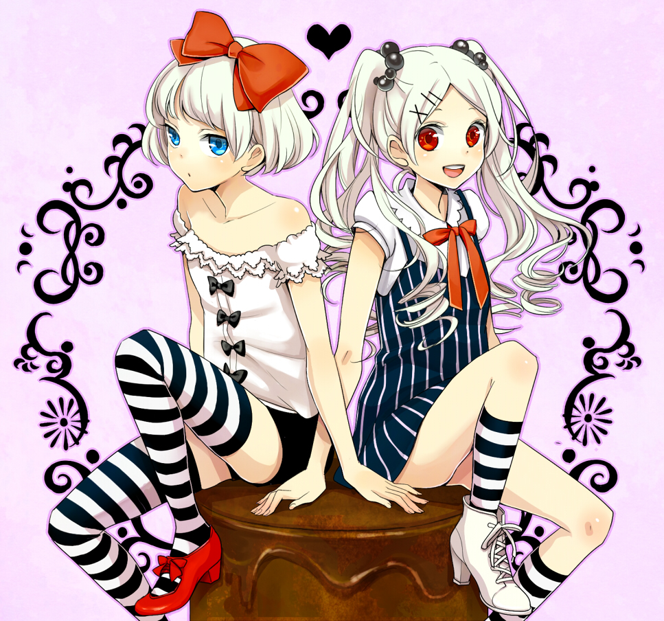 back-to-back, bare_shoulders, blue_eyes, bow, drill_hair, hair_bow, hair_ornament, hairclip