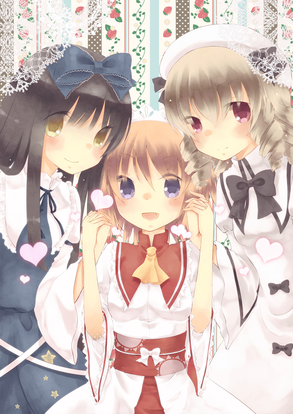 blonde_hair, blush, bowtie, brown_hair, doily, dress, drill_hair, fang, hand_holding, hands_clasped, hat, heart, highres, holding_hands, interlocked_fingers, kinu_shi, lavender_eyes, looking_at_viewer, luna_child, multiple_girls, obi, open_mouth, red_eyes, smile, star_sapphire, sunny_milk, touhou, yellow_eyes