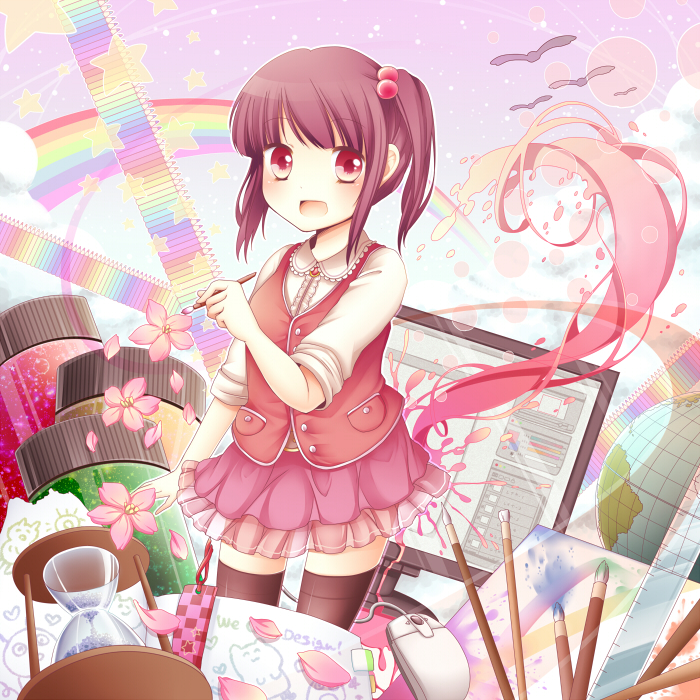 bird, blush, brown_hair, brown_legwear, brush, color, computer_mouse, drawing_equipment