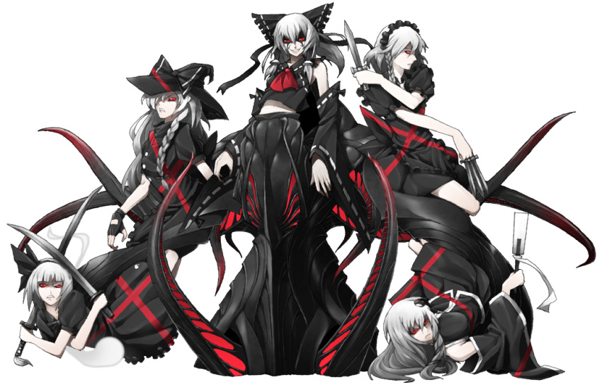 alternate_color, alternate_hair_color, armpits, ascot, bow, braid, buttons, detached_sleeves, dress, dual_wielding, fingerless_gloves, frills, frog, gloves, hair_bow, hair_ornament, hair_tubes, hakurei_reimu, hat, hat_bow, izayoi_sakuya, katana, kirisame_marisa, knife, kochiya_sanae, konpaku_youmu, konpaku_youmu_(ghost), looking_at_viewer, maid_headdress, mazeran, midriff, miko, multiple_girls, nyarlathotep, nyarlathotep_(persona_2), persona, persona_2, red_eyes, silver_hair, simple_background, sword, tanto, tentacle, tentacles, throwing_knife, touhou, transparent_background, weapon, witch, witch_hat