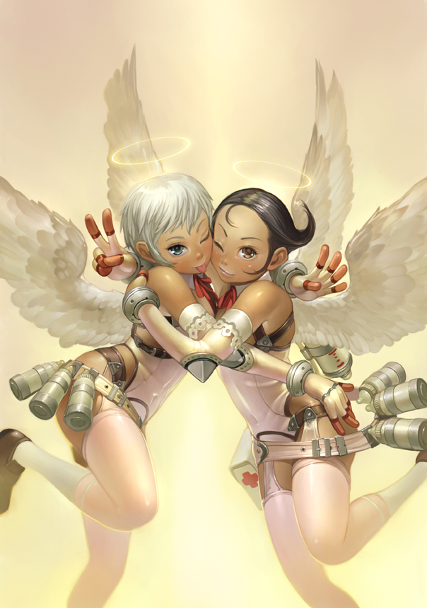 :p, angel, baby_bottle, bad_id, black_hair, blue_eyes, blush, bottle, brown_eyes, cheek-to-cheek, cheek_to_cheek, dark_skin, elbow_gloves, fingerless_gloves, first_aid, gloves, halo, hug, lips, multiple_girls, original, shoes, short_hair, silver_hair, takayama_toshiaki, thigh-highs, thighhighs, tongue, v, wings, wink
