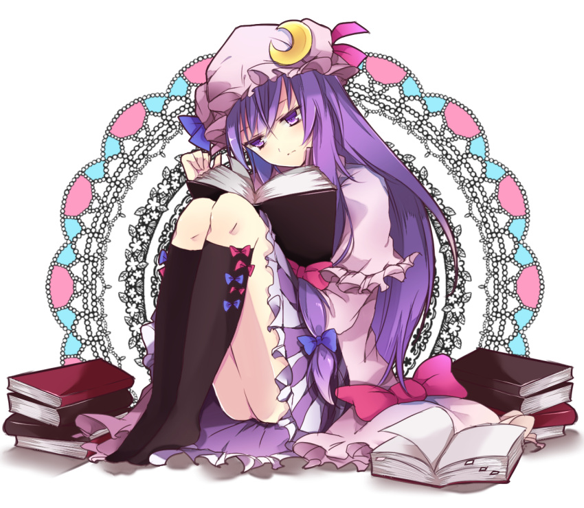 black_legwear, bonnet, book, bow, crescent, crescent_moon, doily, flower