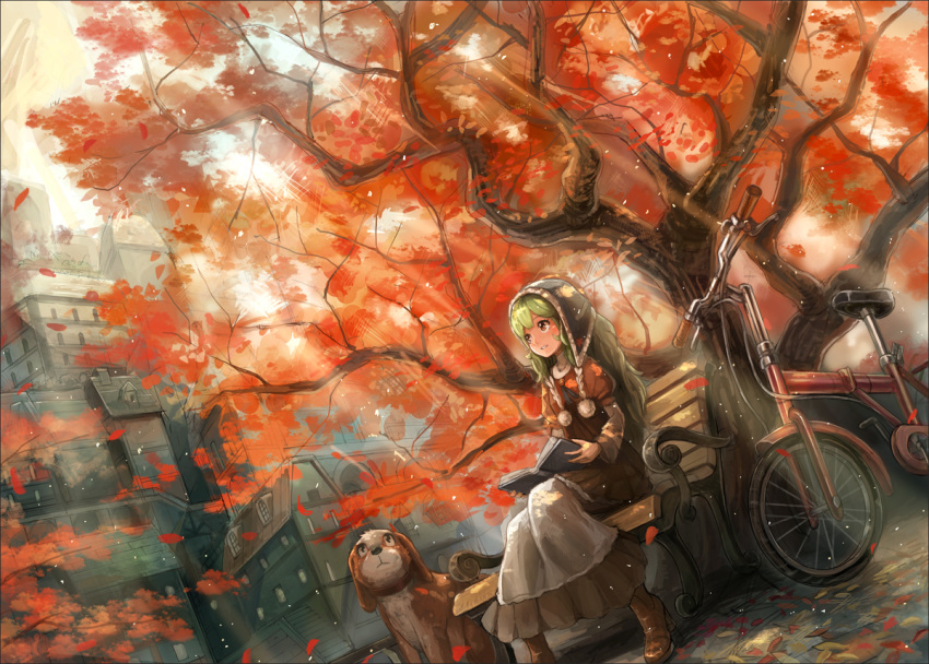 animal, autumn, autumn_leaves, bicycle, book, city, dog, dress
