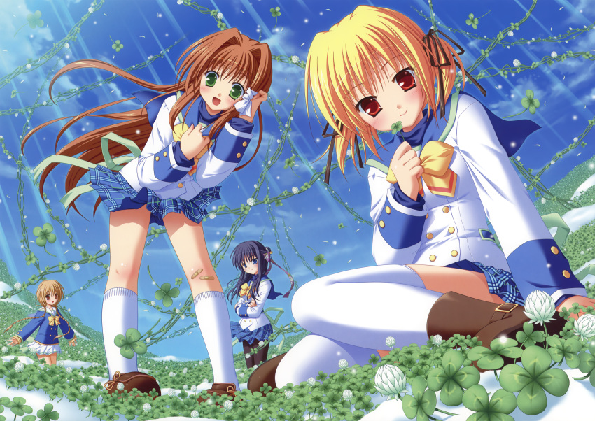 blonde_hair, brown_hair, clover_point, flower, flowers, green_eyes, inamori_mahoshi, pantyhose