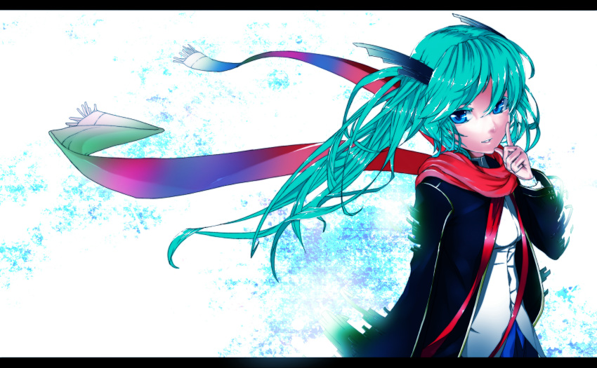 aqua_hair, blue_eyes, fuyugasumi, hatsune_miku, highres, letterboxed, long_hair, pointing