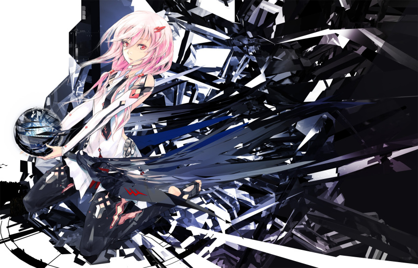 bare_shoulders, barefoot, chelly_(supercell), hair_ornament, hairclip, highres, kneeling, long_hair, necktie, pink_eyes, pink_hair, red_eyes, redjuice, solo, supercell