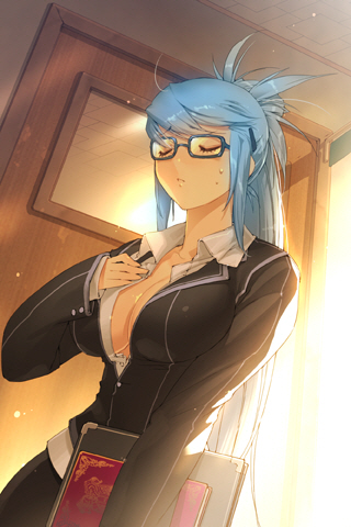book, breasts, cleavage, dress_shirt, formal, glasses, jacket, large_breasts