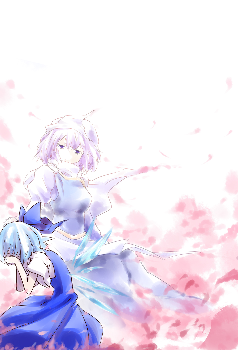 apron, blue_eyes, blue_hair, blush, bow, breasts, cirno, dress