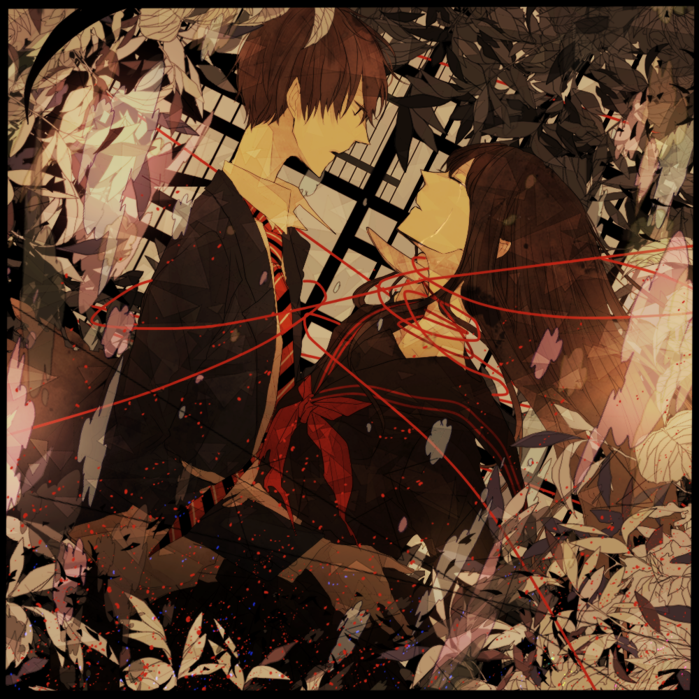 1girl, bad_id, black_eyes, black_hair, blood, closed_eyes, eyes_closed, face-to-face, face_to_face, goth_(manga), kamiyama_itsuki, leaf, long_hair, morino_yoru, necktie, plant, red_string, red_strings, ribbon, school_uniform, shio_(killiman), string, tears